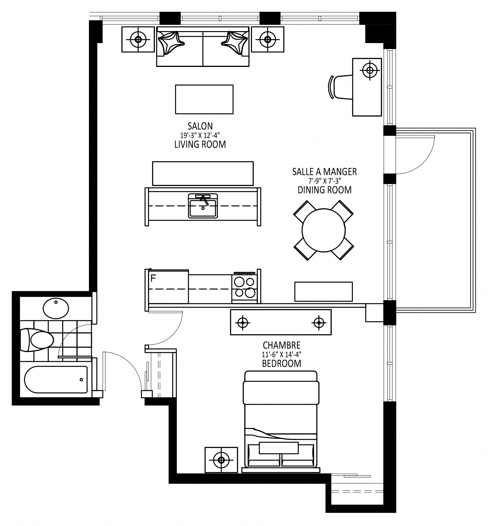 Floor plan for 1 bed, 1 bath, 700 sqft